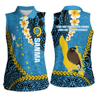 Sanma Province Women Sleeveless Polo Shirt Vanuatu Pattern Myna Bird - Plumeria Flag Color LT14 - Polynesian Pride