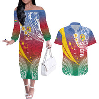Shefa Province Couples Matching Off The Shoulder Long Sleeve Dress and Hawaiian Shirt Vanuatu Pattern Map - Plumeria Flag Color LT14 Red - Polynesian Pride