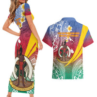 Shefa Province Couples Matching Short Sleeve Bodycon Dress and Hawaiian Shirt Vanuatu Pattern Map - Plumeria Flag Color LT14 - Polynesian Pride