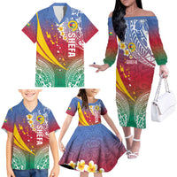 Shefa Province Family Matching Off The Shoulder Long Sleeve Dress and Hawaiian Shirt Vanuatu Pattern Map - Plumeria Flag Color LT14 - Polynesian Pride