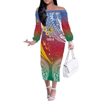 Shefa Province Family Matching Off The Shoulder Long Sleeve Dress and Hawaiian Shirt Vanuatu Pattern Map - Plumeria Flag Color LT14 Mom's Dress Red - Polynesian Pride