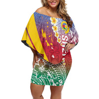 Shefa Province Family Matching Off Shoulder Short Dress and Hawaiian Shirt Vanuatu Pattern Map - Plumeria Flag Color LT14 Mom's Dress Red - Polynesian Pride