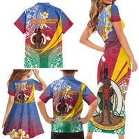 Shefa Province Family Matching Short Sleeve Bodycon Dress and Hawaiian Shirt Vanuatu Pattern Map - Plumeria Flag Color LT14 - Polynesian Pride