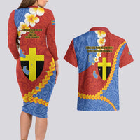 Tafea Province Couples Matching Long Sleeve Bodycon Dress and Hawaiian Shirt Vanuatu Pattern Map - Plumeria Flag Color LT14 - Polynesian Pride