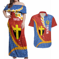 Tafea Province Couples Matching Off Shoulder Maxi Dress and Hawaiian Shirt Vanuatu Pattern Map - Plumeria Flag Color LT14 Red - Polynesian Pride