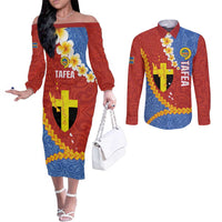 Tafea Province Couples Matching Off The Shoulder Long Sleeve Dress and Long Sleeve Button Shirt Vanuatu Pattern Map - Plumeria Flag Color LT14 Red - Polynesian Pride