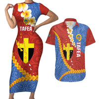 Tafea Province Couples Matching Short Sleeve Bodycon Dress and Hawaiian Shirt Vanuatu Pattern Map - Plumeria Flag Color LT14 Red - Polynesian Pride