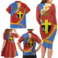 Tafea Province Family Matching Long Sleeve Bodycon Dress and Hawaiian Shirt Vanuatu Pattern Map - Plumeria Flag Color LT14 - Polynesian Pride