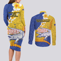 Torba Province Couples Matching Long Sleeve Bodycon Dress and Long Sleeve Button Shirt Vanuatu Pattern Crocodile - Plumeria Flag Color LT14 - Polynesian Pride
