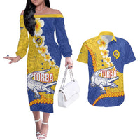Torba Province Couples Matching Off The Shoulder Long Sleeve Dress and Hawaiian Shirt Vanuatu Pattern Crocodile - Plumeria Flag Color LT14 Yellow - Polynesian Pride