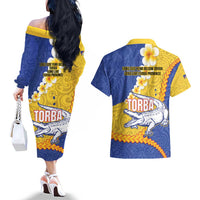 Torba Province Couples Matching Off The Shoulder Long Sleeve Dress and Hawaiian Shirt Vanuatu Pattern Crocodile - Plumeria Flag Color LT14 - Polynesian Pride