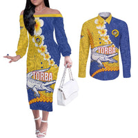 Torba Province Couples Matching Off The Shoulder Long Sleeve Dress and Long Sleeve Button Shirt Vanuatu Pattern Crocodile - Plumeria Flag Color LT14 Yellow - Polynesian Pride