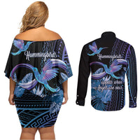 Polynesian Memorial Couples Matching Off Shoulder Short Dress and Long Sleeve Button Shirt Hummingbirds Appear When Angels Are Near LT14 - Polynesian Pride