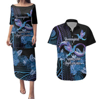 Polynesian Memorial Couples Matching Puletasi and Hawaiian Shirt Hummingbirds Appear When Angels Are Near LT14 Black - Polynesian Pride