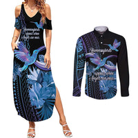 Polynesian Memorial Couples Matching Summer Maxi Dress and Long Sleeve Button Shirt Hummingbirds Appear When Angels Are Near LT14 Black - Polynesian Pride