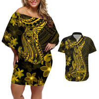 Gold Polynesia Shark Tattoo Couples Matching Off Shoulder Short Dress and Hawaiian Shirt With Polynesian Plumeria LT14 Gold - Polynesian Pride