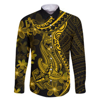 Gold Polynesia Shark Tattoo Family Matching Off Shoulder Maxi Dress and Hawaiian Shirt With Polynesian Plumeria LT14 Dad's Shirt - Long Sleeve Gold - Polynesian Pride