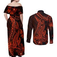 Red Polynesia Couples Matching Off Shoulder Maxi Dress and Long Sleeve Button Shirt Shark Tattoo With Polynesian Plumeria LT14 - Polynesian Pride