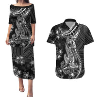 Black Polynesia Couples Matching Puletasi Dress and Hawaiian Shirt Shark Tattoo With Polynesian Plumeria LT14 Black - Polynesian Pride
