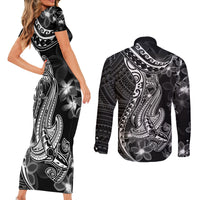 Black Polynesia Couples Matching Short Sleeve Bodycon Dress and Long Sleeve Button Shirt Shark Tattoo With Polynesian Plumeria LT14 - Polynesian Pride