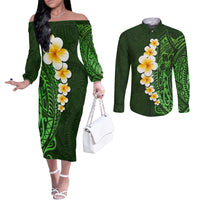 Green Polynesia Couples Matching Off Shoulder Dress and Button Shirt - Plumeria Tropical Leaves Galaxy Polynesian Art LT14 Green - Polynesian Pride