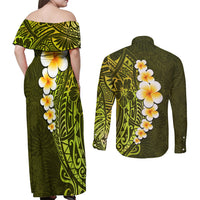Lime Green Tropical Plumeria With Galaxy Polynesian Art Couples Matching Off Shoulder Maxi Dress and Long Sleeve Button Shirt LT14 - Polynesian Pride