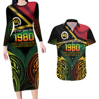 Vanuatu 1980 Couples Matching Long Sleeve Bodycon Dress and Hawaiian Shirt Hapi 45 Yia Indipendens Anivesari LT14 Black - Polynesian Pride