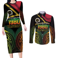 Vanuatu 1980 Couples Matching Long Sleeve Bodycon Dress and Long Sleeve Button Shirt Hapi 45 Yia Indipendens Anivesari LT14 Black - Polynesian Pride