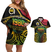 Vanuatu 1980 Couples Matching Off Shoulder Short Dress and Hawaiian Shirt Hapi 45 Yia Indipendens Anivesari LT14 Black - Polynesian Pride