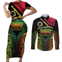 Vanuatu 1980 Couples Matching Short Sleeve Bodycon Dress and Long Sleeve Button Shirt Hapi 45 Yia Indipendens Anivesari LT14 Black - Polynesian Pride