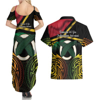 Vanuatu 1980 Couples Matching Summer Maxi Dress and Hawaiian Shirt Hapi 45 Yia Indipendens Anivesari LT14 - Polynesian Pride