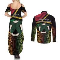 Vanuatu 1980 Couples Matching Summer Maxi Dress and Long Sleeve Button Shirt Hapi 45 Yia Indipendens Anivesari