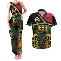 Vanuatu 1980 Couples Matching Tank Maxi Dress and Hawaiian Shirt Hapi 45 Yia Indipendens Anivesari LT14 Black - Polynesian Pride