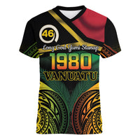Vanuatu 1980 Women V-Neck T-Shirt Hapi 45 Yia Indipendens Anivesari LT14 Female Black - Polynesian Pride