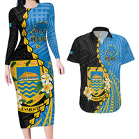 Tuvalu Independence Day Couples Matching Long Sleeve Bodycon Dress and Hawaiian Shirt Manuia te tutokotasi o Tuvaluan Dolphin Tattoo LT14 Blue - Polynesian Pride