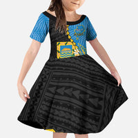 Tuvalu Independence Day Family Matching Off Shoulder Maxi Dress and Hawaiian Shirt Manuia te tutokotasi o Tuvaluan Dolphin Tattoo LT14 Daughter's Dress Blue - Polynesian Pride