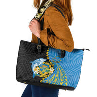 Tuvalu Independence Day Leather Tote Bag Manuia te tutokotasi o Tuvaluan Dolphin Tattoo