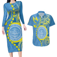 Personalised Palau Independence Day Couples Matching Long Sleeve Bodycon Dress and Hawaiian Shirt Belau Coat Of Arms Polynesian Curve Style LT14 Blue - Polynesian Pride