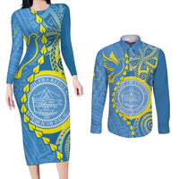 Personalised Palau Independence Day Couples Matching Long Sleeve Bodycon Dress and Long Sleeve Button Shirt Belau Coat Of Arms Polynesian Curve Style LT14 Blue - Polynesian Pride