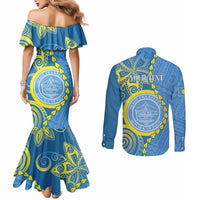 Personalised Palau Independence Day Couples Matching Mermaid Dress and Long Sleeve Button Shirt Belau Coat Of Arms Polynesian Curve Style LT14 - Polynesian Pride