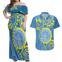 Personalised Palau Independence Day Couples Matching Off Shoulder Maxi Dress and Hawaiian Shirt Belau Coat Of Arms Polynesian Curve Style LT14 Blue - Polynesian Pride