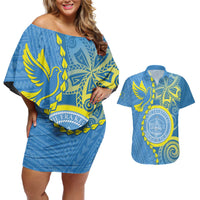 Personalised Palau Independence Day Couples Matching Off Shoulder Short Dress and Hawaiian Shirt Belau Coat Of Arms Polynesian Curve Style LT14 Blue - Polynesian Pride