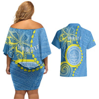 Personalised Palau Independence Day Couples Matching Off Shoulder Short Dress and Hawaiian Shirt Belau Coat Of Arms Polynesian Curve Style LT14 - Polynesian Pride