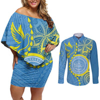 Personalised Palau Independence Day Couples Matching Off Shoulder Short Dress and Long Sleeve Button Shirt Belau Coat Of Arms Polynesian Curve Style LT14 Blue - Polynesian Pride