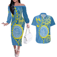 Personalised Palau Independence Day Couples Matching Off The Shoulder Long Sleeve Dress and Hawaiian Shirt Belau Coat Of Arms Polynesian Curve Style LT14 Blue - Polynesian Pride