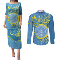 Personalised Palau Independence Day Couples Matching Puletasi and Long Sleeve Button Shirt Belau Coat Of Arms Polynesian Curve Style LT14 Blue - Polynesian Pride