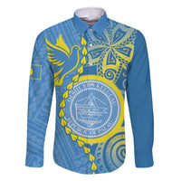 Personalised Palau Independence Day Family Matching Mermaid Dress and Hawaiian Shirt Belau Coat Of Arms Polynesian Curve Style LT14 Dad's Shirt - Long Sleeve Blue - Polynesian Pride