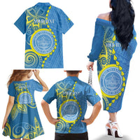 Personalised Palau Independence Day Family Matching Off The Shoulder Long Sleeve Dress and Hawaiian Shirt Belau Coat Of Arms Polynesian Curve Style LT14 - Polynesian Pride