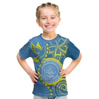 Personalised Palau Independence Day Kid T Shirt Belau Coat Of Arms Polynesian Curve Style LT14 Blue - Polynesian Pride
