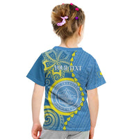 Personalised Palau Independence Day Kid T Shirt Belau Coat Of Arms Polynesian Curve Style LT14 - Polynesian Pride